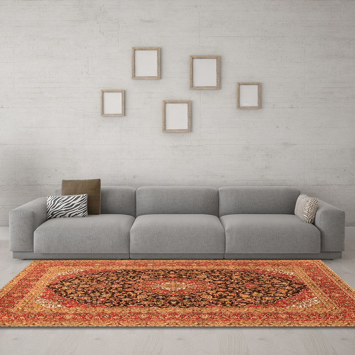 Machine Washable Medallion Orange Traditional Area Rugs in a Living Room, wshtr417org