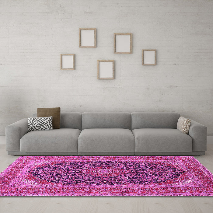 Machine Washable Medallion Pink Traditional Rug in a Living Room, wshtr417pnk