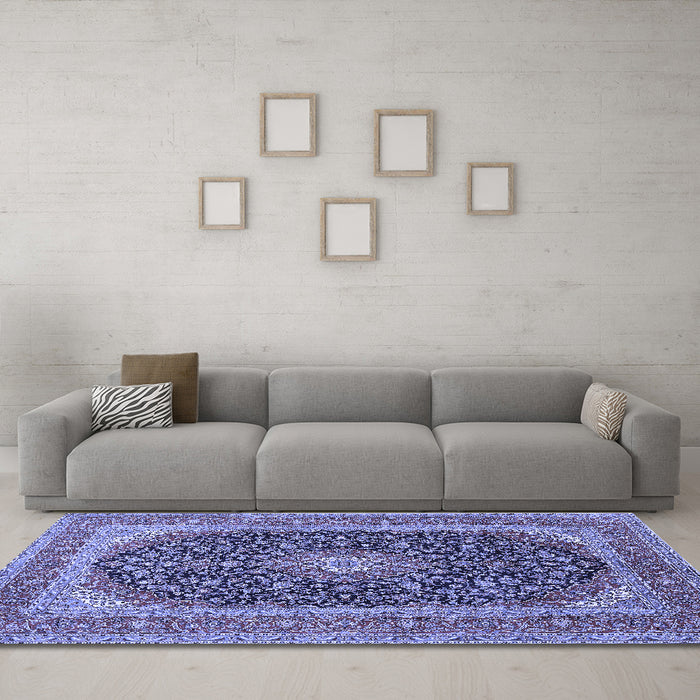 Machine Washable Medallion Blue Traditional Rug in a Living Room, wshtr417blu