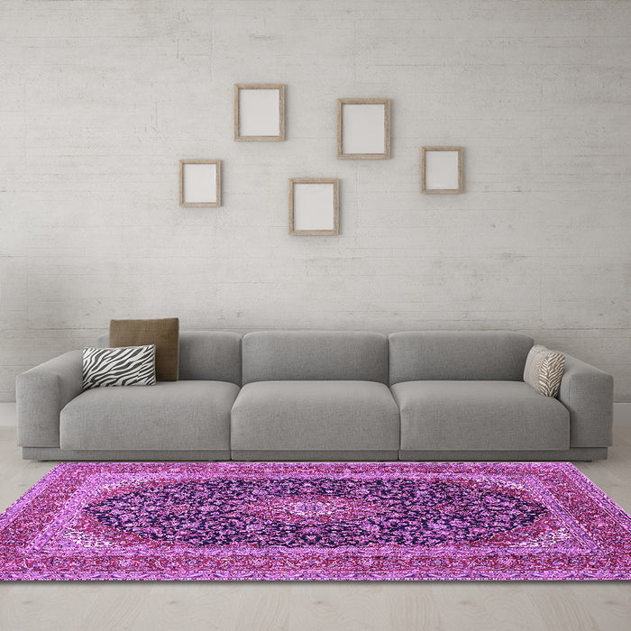 Machine Washable Medallion Purple Traditional Area Rugs in a Living Room, wshtr417pur
