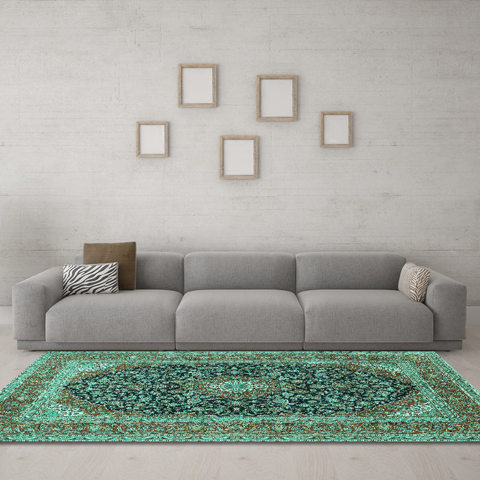 Machine Washable Medallion Turquoise Traditional Area Rugs in a Living Room,, wshtr417turq
