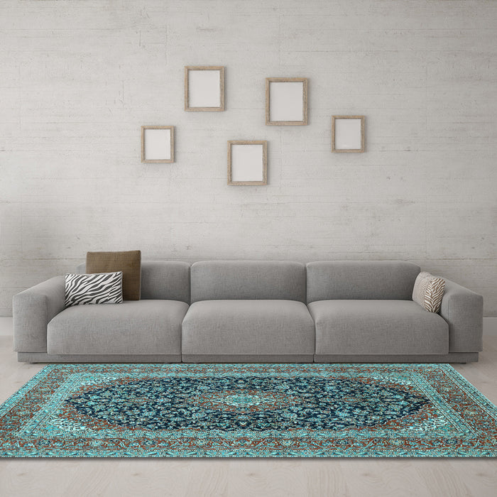Machine Washable Medallion Light Blue Traditional Rug in a Living Room, wshtr417lblu