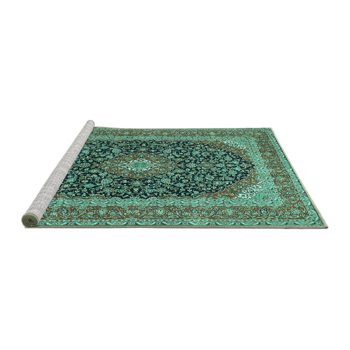 Sideview of Machine Washable Medallion Turquoise Traditional Area Rugs, wshtr417turq