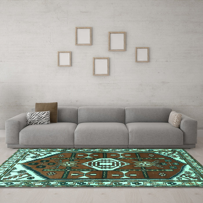 Machine Washable Persian Turquoise Traditional Area Rugs in a Living Room,, wshtr4180turq