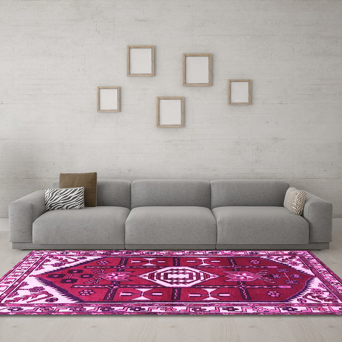 Machine Washable Persian Pink Traditional Rug in a Living Room, wshtr4180pnk