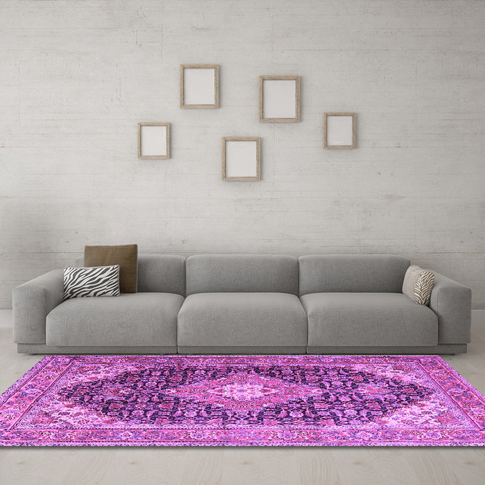 Machine Washable Medallion Purple Traditional Area Rugs in a Living Room, wshtr4182pur