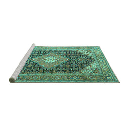 Sideview of Machine Washable Medallion Turquoise Traditional Area Rugs, wshtr4182turq