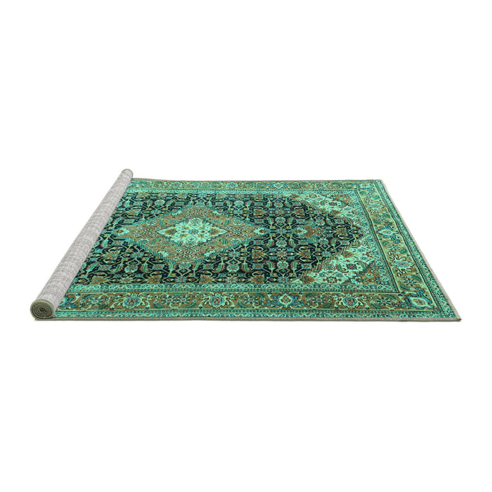 Sideview of Machine Washable Medallion Turquoise Traditional Area Rugs, wshtr4182turq