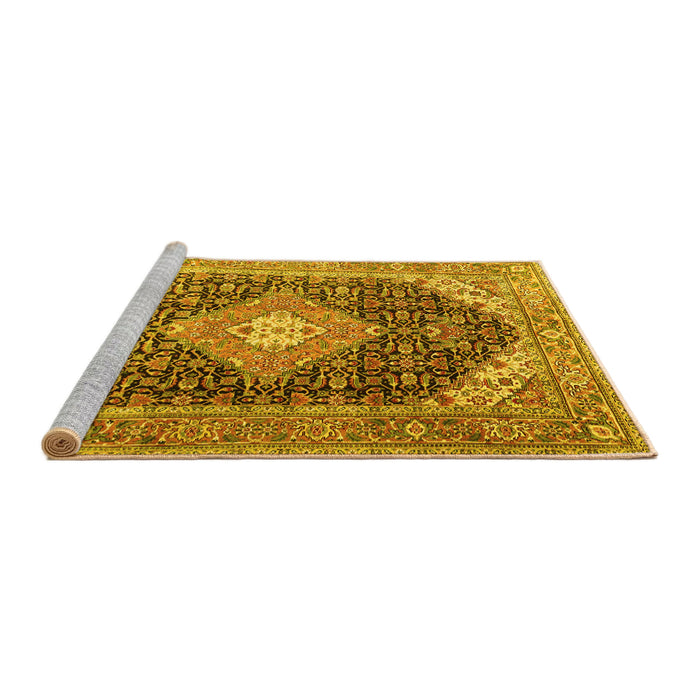Sideview of Machine Washable Medallion Yellow Traditional Rug, wshtr4182yw