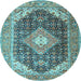 Round Machine Washable Medallion Light Blue Traditional Rug, wshtr4182lblu