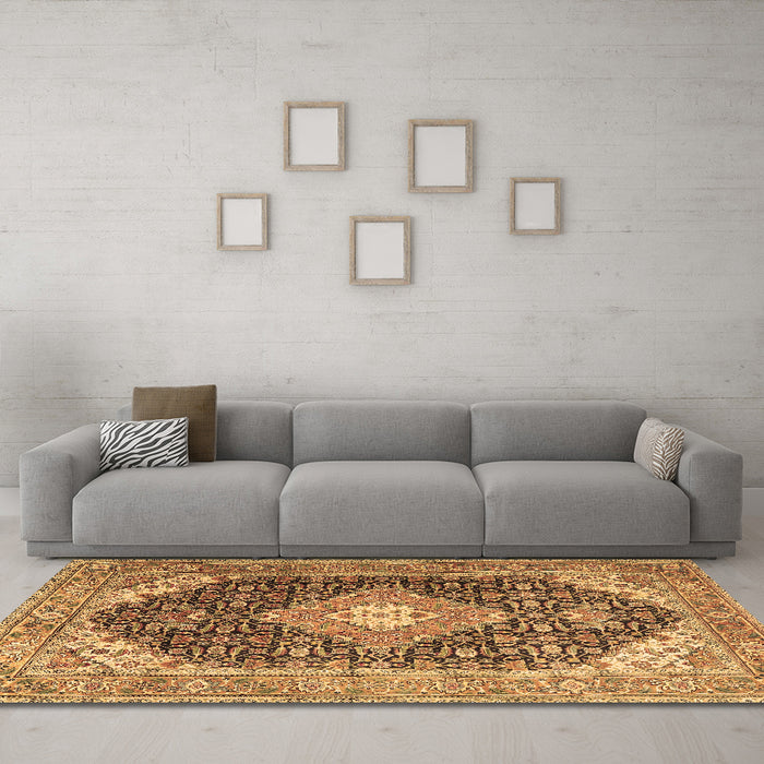 Machine Washable Medallion Brown Traditional Rug in a Living Room,, wshtr4182brn