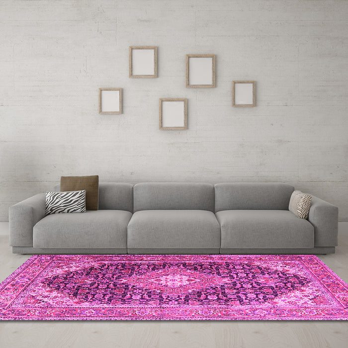 Machine Washable Medallion Pink Traditional Rug in a Living Room, wshtr4182pnk