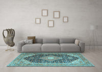 Machine Washable Medallion Light Blue Traditional Rug, wshtr4182lblu