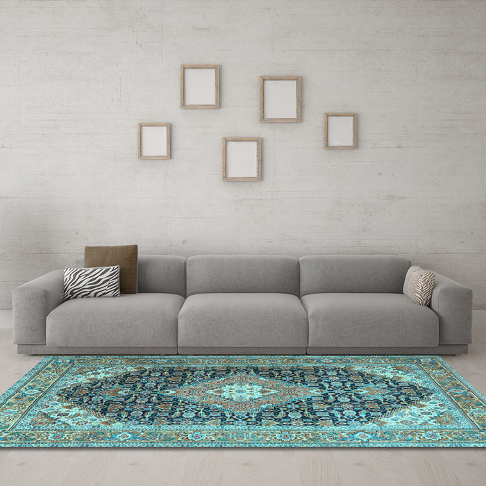 Machine Washable Medallion Light Blue Traditional Rug in a Living Room, wshtr4182lblu