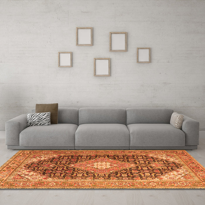 Machine Washable Medallion Orange Traditional Area Rugs in a Living Room, wshtr4182org