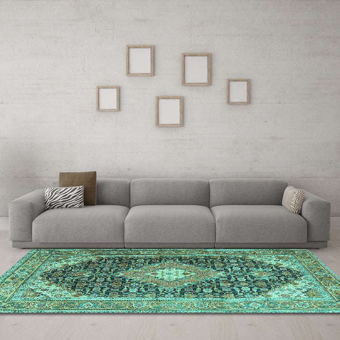Machine Washable Medallion Turquoise Traditional Area Rugs in a Living Room,, wshtr4182turq