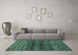 Machine Washable Southwestern Turquoise Country Area Rugs in a Living Room,, wshtr4185turq