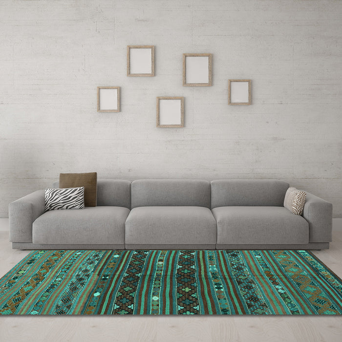 Machine Washable Southwestern Turquoise Country Area Rugs in a Living Room,, wshtr4185turq