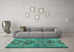 Machine Washable Persian Turquoise Traditional Area Rugs in a Living Room,, wshtr4188turq