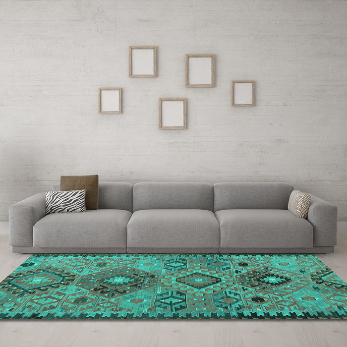 Machine Washable Persian Turquoise Traditional Area Rugs in a Living Room,, wshtr4188turq