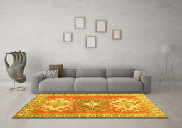 Machine Washable Geometric Yellow Traditional Rug in a Living Room, wshtr418yw