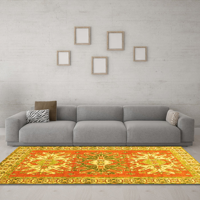 Machine Washable Geometric Yellow Traditional Rug in a Living Room, wshtr418yw
