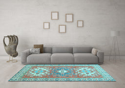 Machine Washable Geometric Light Blue Traditional Rug in a Living Room, wshtr418lblu