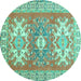 Round Geometric Turquoise Traditional Rug, tr418turq