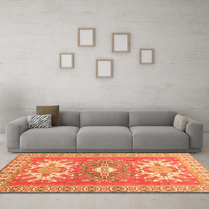Machine Washable Geometric Orange Traditional Area Rugs in a Living Room, wshtr418org