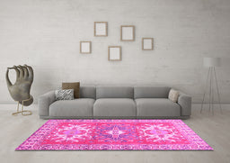 Machine Washable Geometric Pink Traditional Rug in a Living Room, wshtr418pnk