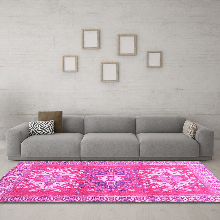 Machine Washable Geometric Pink Traditional Rug in a Living Room, wshtr418pnk