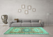 Machine Washable Geometric Turquoise Traditional Area Rugs in a Living Room,, wshtr418turq