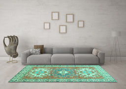 Machine Washable Geometric Turquoise Traditional Area Rugs in a Living Room,, wshtr418turq
