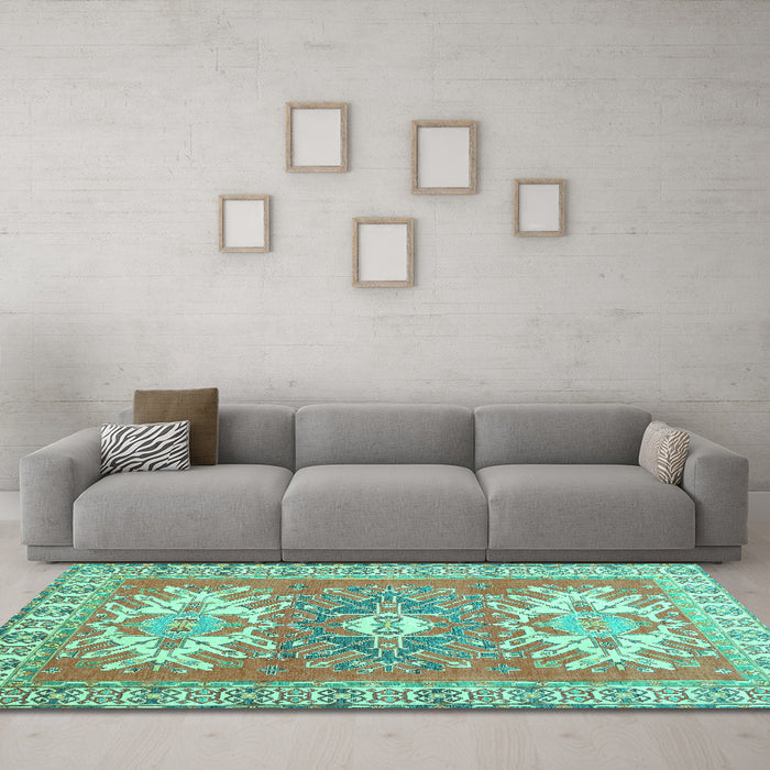 Machine Washable Geometric Turquoise Traditional Area Rugs in a Living Room,, wshtr418turq