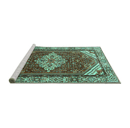 Sideview of Machine Washable Medallion Turquoise Traditional Area Rugs, wshtr4193turq