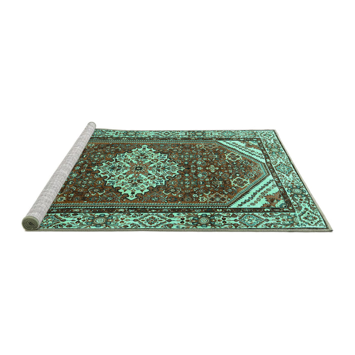 Sideview of Machine Washable Medallion Turquoise Traditional Area Rugs, wshtr4193turq