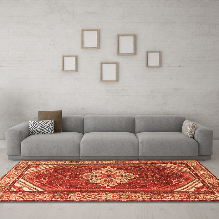 Machine Washable Medallion Orange Traditional Area Rugs in a Living Room, wshtr4193org