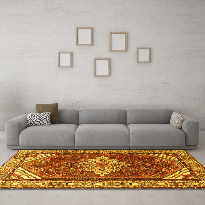 Machine Washable Medallion Yellow Traditional Rug in a Living Room, wshtr4193yw