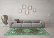 Machine Washable Medallion Turquoise Traditional Area Rugs in a Living Room,, wshtr4193turq