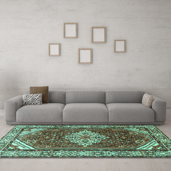Machine Washable Medallion Turquoise Traditional Area Rugs in a Living Room,, wshtr4193turq