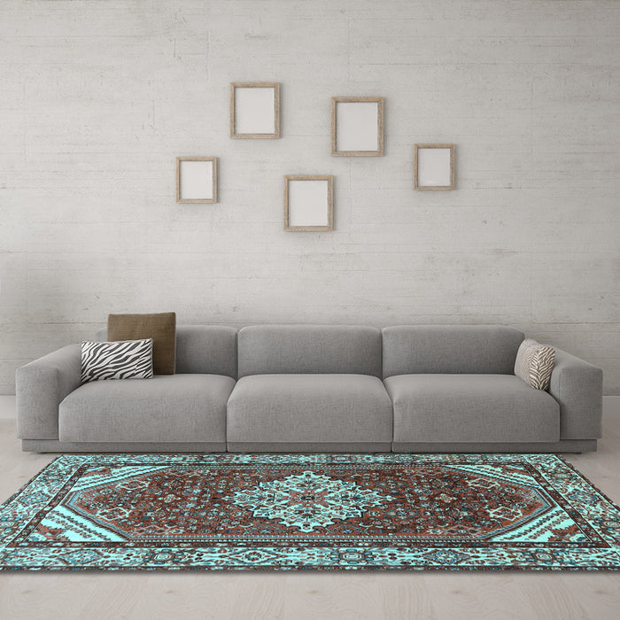 Machine Washable Medallion Light Blue Traditional Rug in a Living Room, wshtr4193lblu