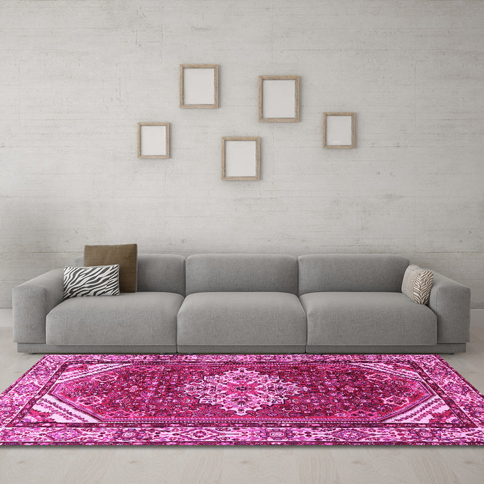 Machine Washable Medallion Pink Traditional Rug in a Living Room, wshtr4193pnk
