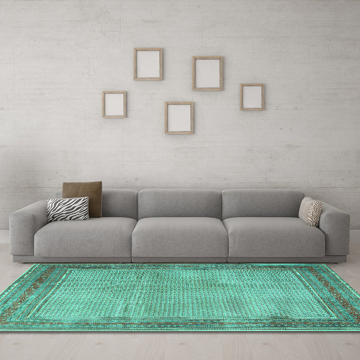 Machine Washable Persian Turquoise Traditional Area Rugs in a Living Room,, wshtr4194turq