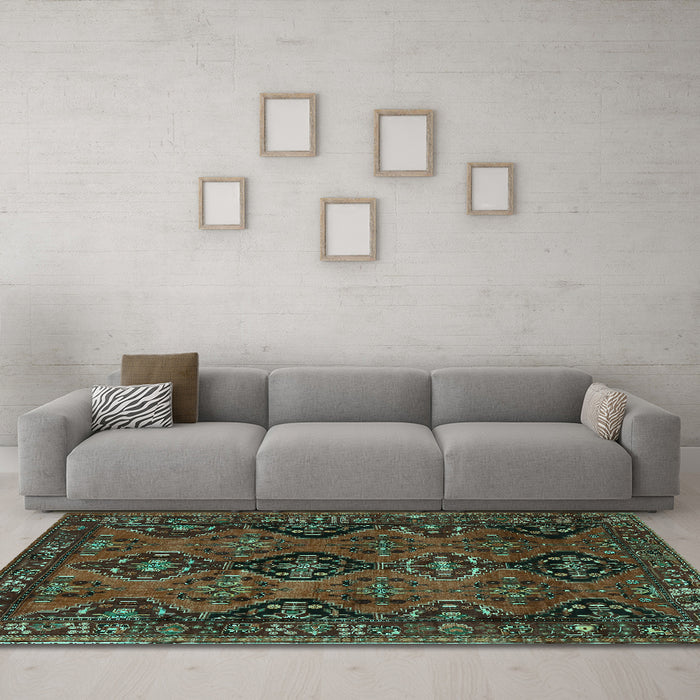 Machine Washable Persian Turquoise Traditional Area Rugs in a Living Room,, wshtr4195turq