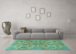Machine Washable Persian Turquoise Traditional Area Rugs in a Living Room,, wshtr4196turq