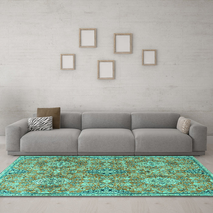 Machine Washable Persian Turquoise Traditional Area Rugs in a Living Room,, wshtr4196turq