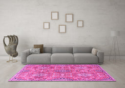 Machine Washable Persian Pink Traditional Rug in a Living Room, wshtr4196pnk