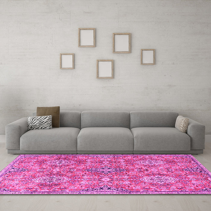 Machine Washable Persian Pink Traditional Rug in a Living Room, wshtr4196pnk