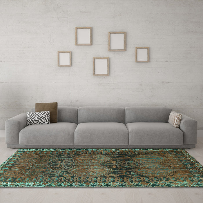 Machine Washable Persian Turquoise Traditional Area Rugs in a Living Room,, wshtr4198turq