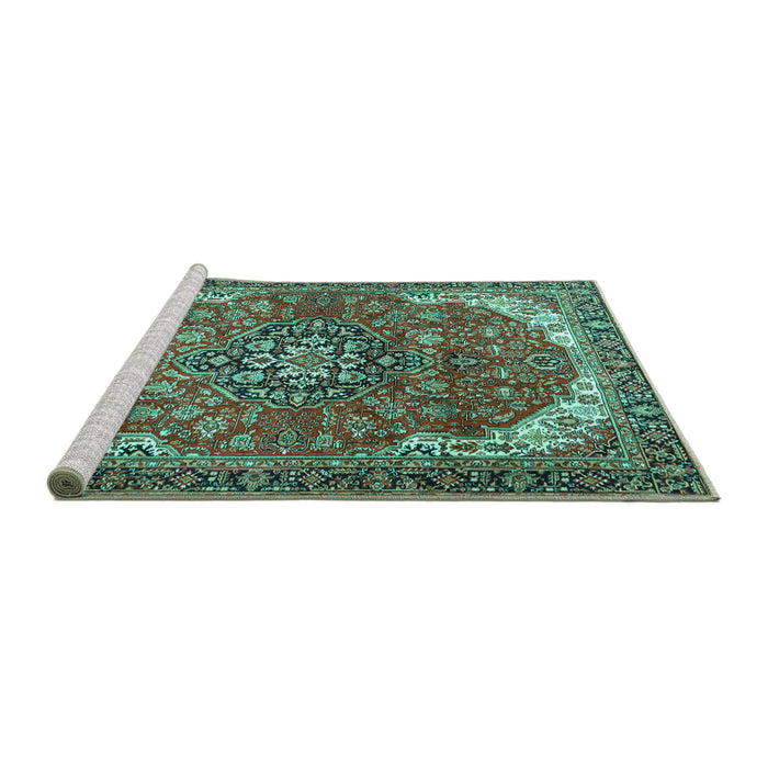 Sideview of Machine Washable Medallion Turquoise Traditional Area Rugs, wshtr4199turq
